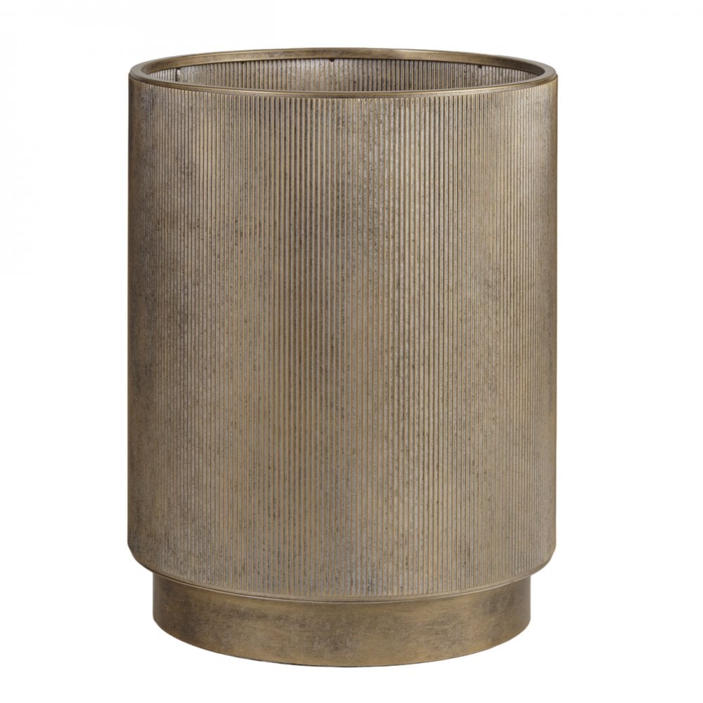 Set of three Belvedere aged gold ribbed iron floor planters for indoor plants