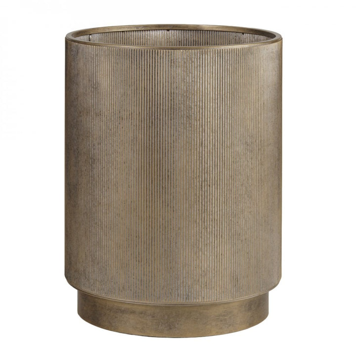 Set of three Belvedere aged gold ribbed iron floor planters for indoor plants