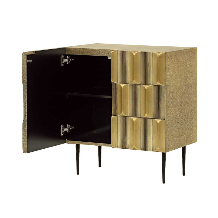 Gold and black cabinet with open door on a white background