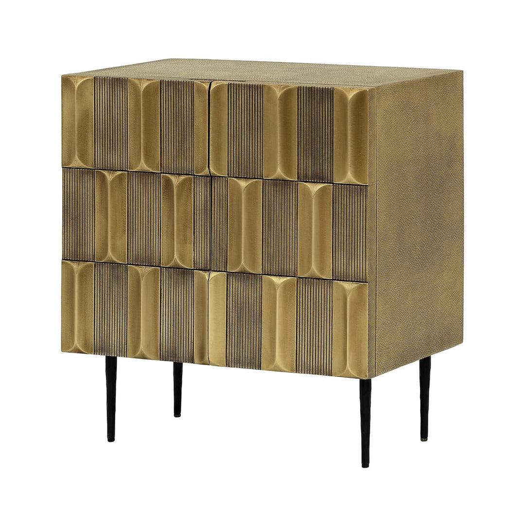 Gold textured side table with black legs on a white background