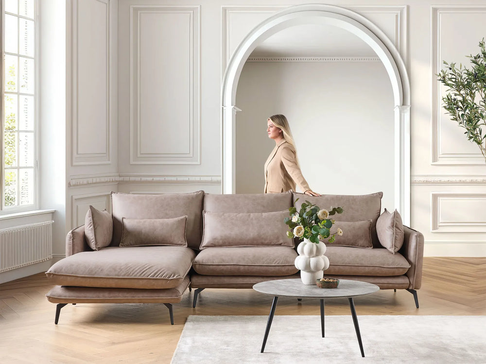 Modern light brown faux suede corner sofa with chaise