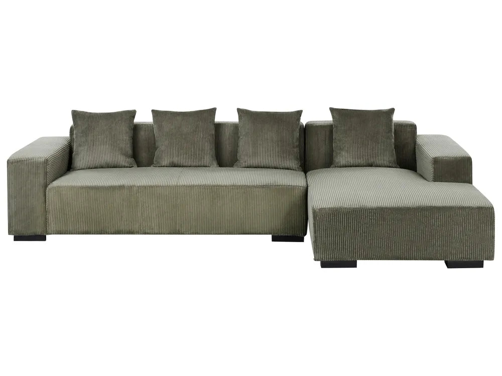 Gray sectional sofa with multiple cushions on a white background