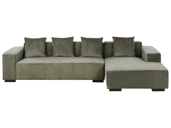 Gray sectional sofa with multiple cushions on a white background