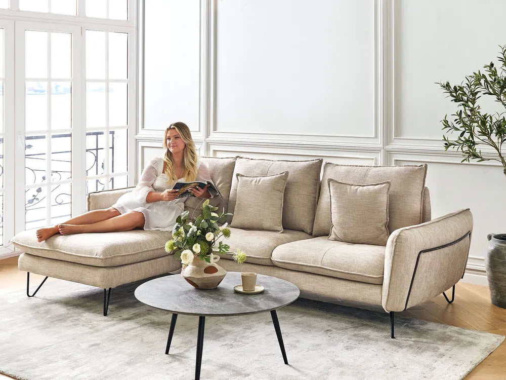 Corner Sofa 3 Seater Chenille Beige Right Hand Heskett
