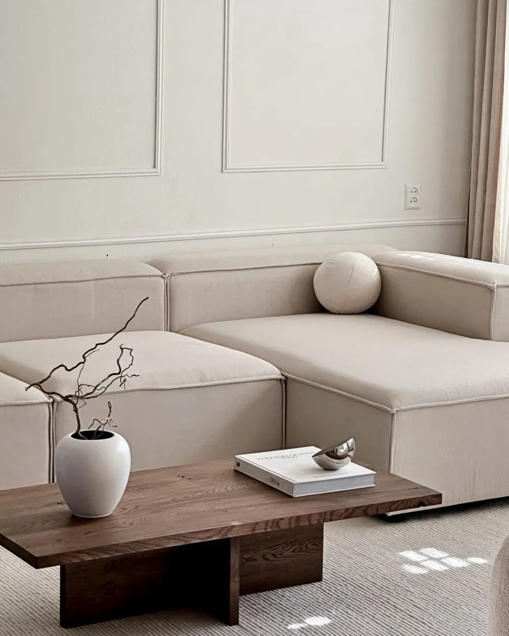 Modular Corner Sofa 3 Seater Fabric Beige with Ottoman Right Hand Oakham