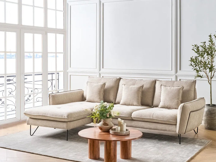 Corner Sofa 3 Seater Chenille Beige Right Hand Heskett