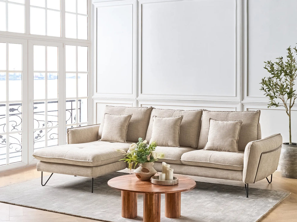 Modern beige fabric corner sofa right hand sectional