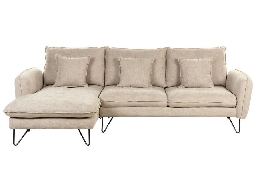 Beige fabric right hand corner sofa with chaise