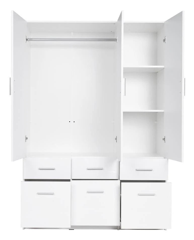 White wardrobe with open doors and shelves on a white background
