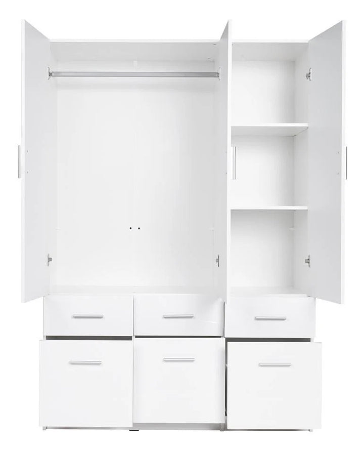 White wardrobe with open doors and shelves on a white background