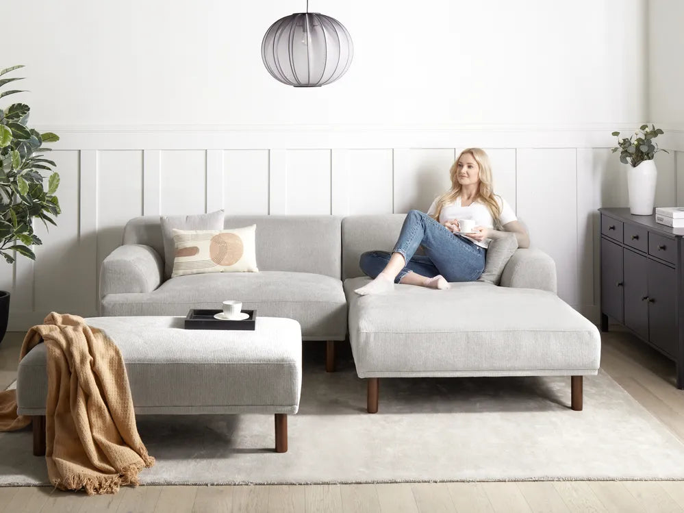 Corner Sofa 3 Seater Fabric Light Grey with Ottoman Left Hand Brekyn