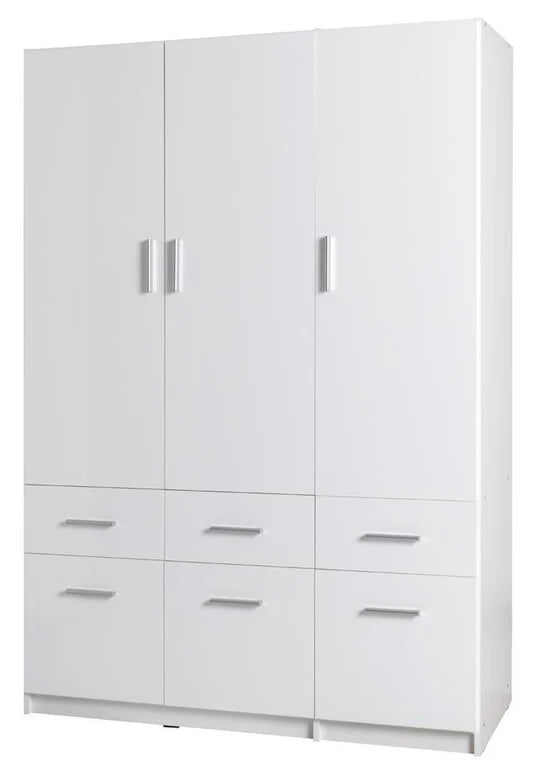 White wardrobe with multiple doors and drawers on a white background