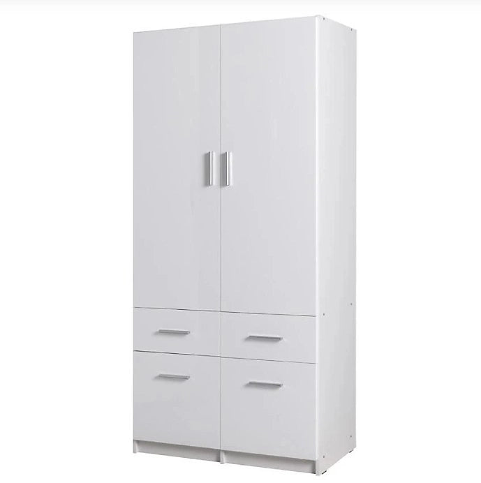 White wardrobe with two doors and three drawers on a white background