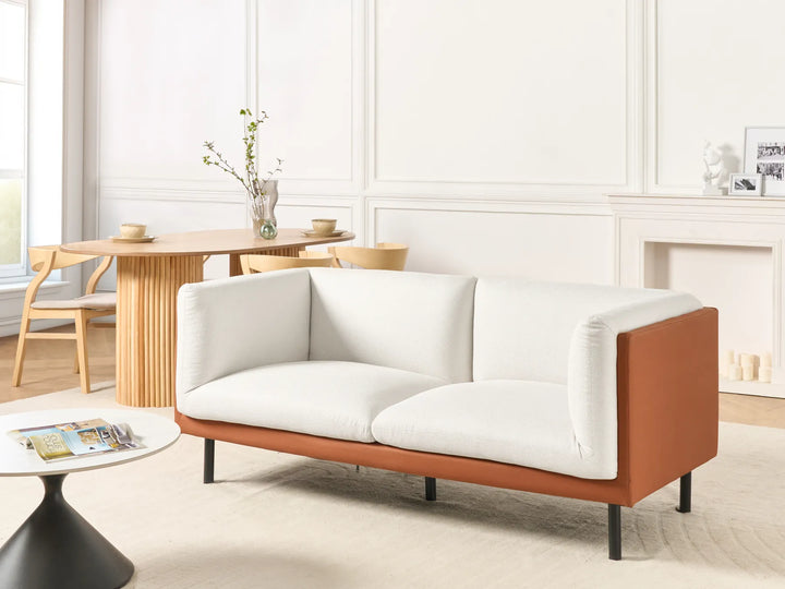 Two-seat off-white and brown faux leather couch
