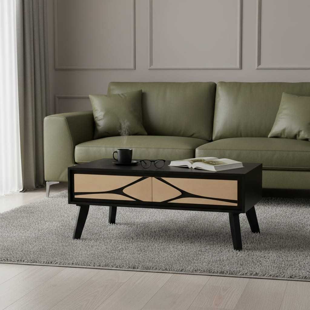 Green sofa with a coffee table in a living room setting