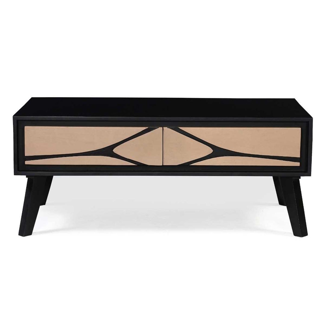 Black coffee table with geometric design on a white background