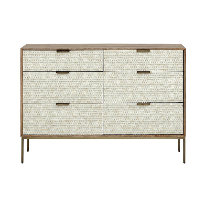 Dresser with textured front panels and gold accents on a white background