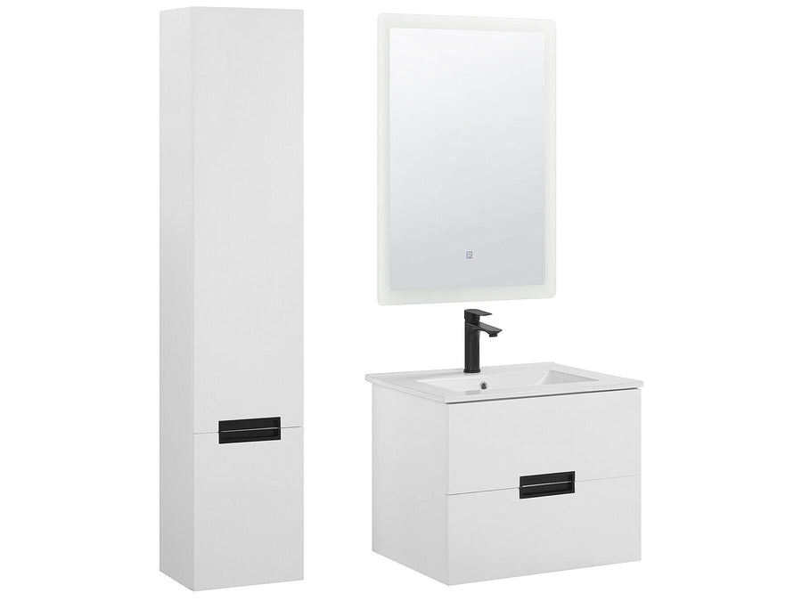 Bathroom vanity set with sink, cabinet, and mirror on a white background