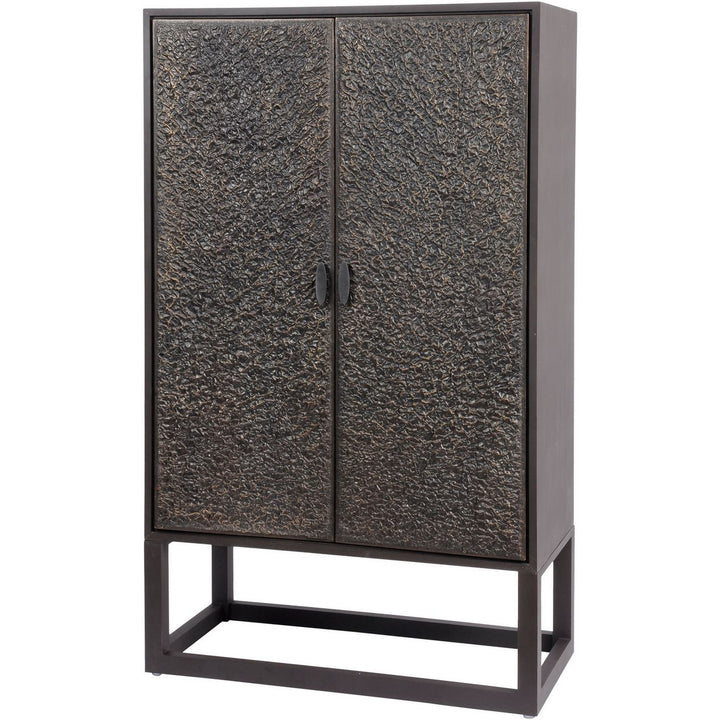 Dark textured cabinet with metal frame on a white background