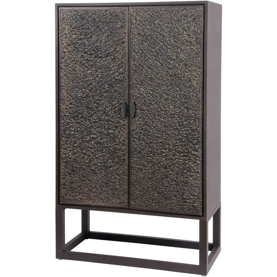 Dark textured cabinet with metal frame on a white background