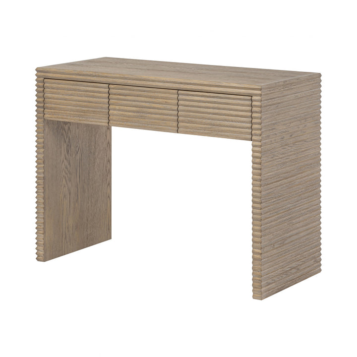 Beige wicker console table on a white background