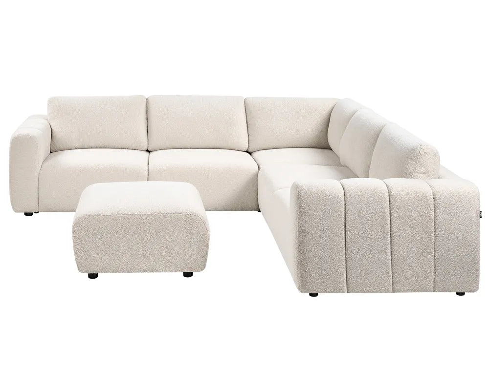 Left-hand 5-seater modular bouclé corner sofa in off-white with ottoman