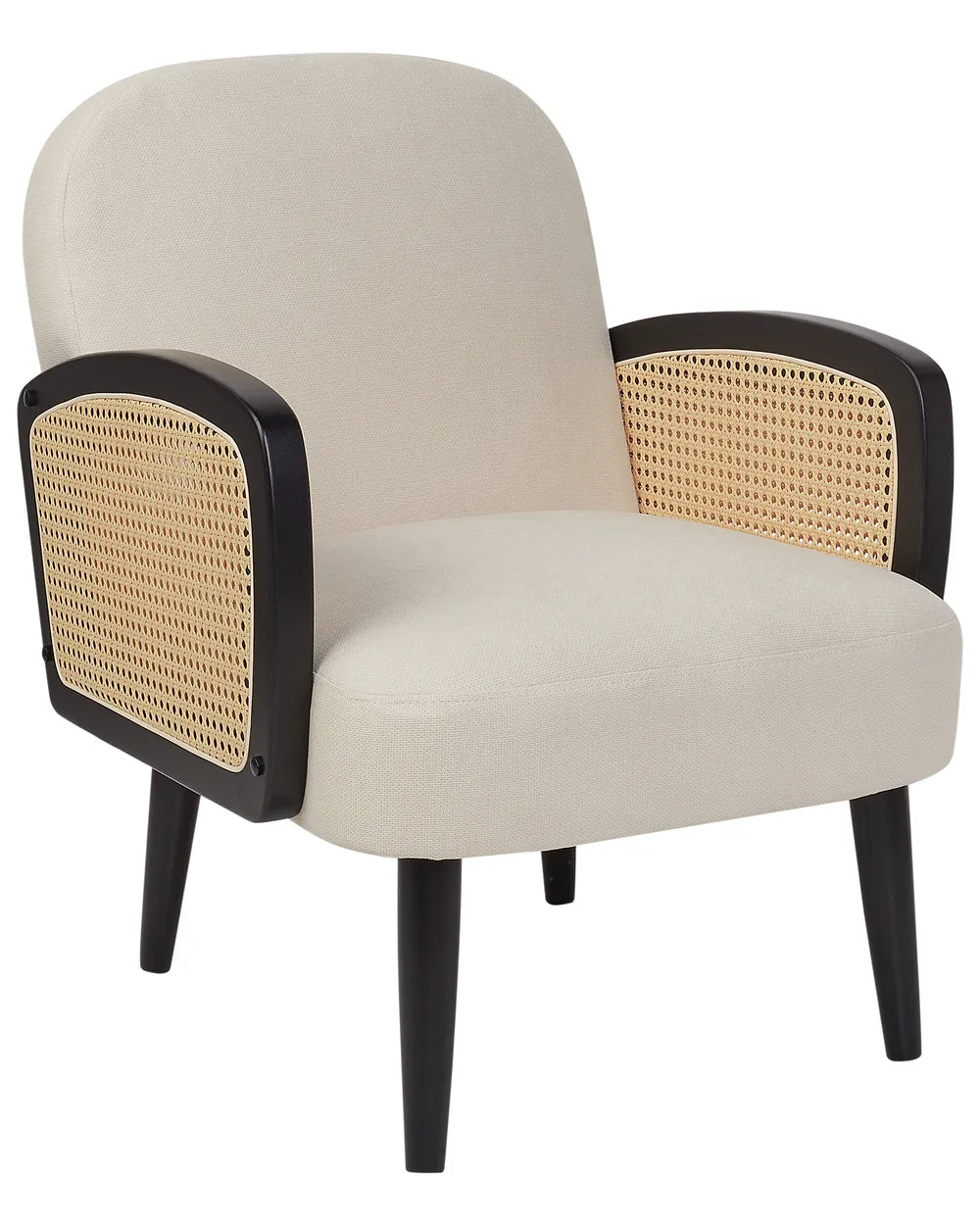Beige armchair with black wooden frame and woven backrest on a white background