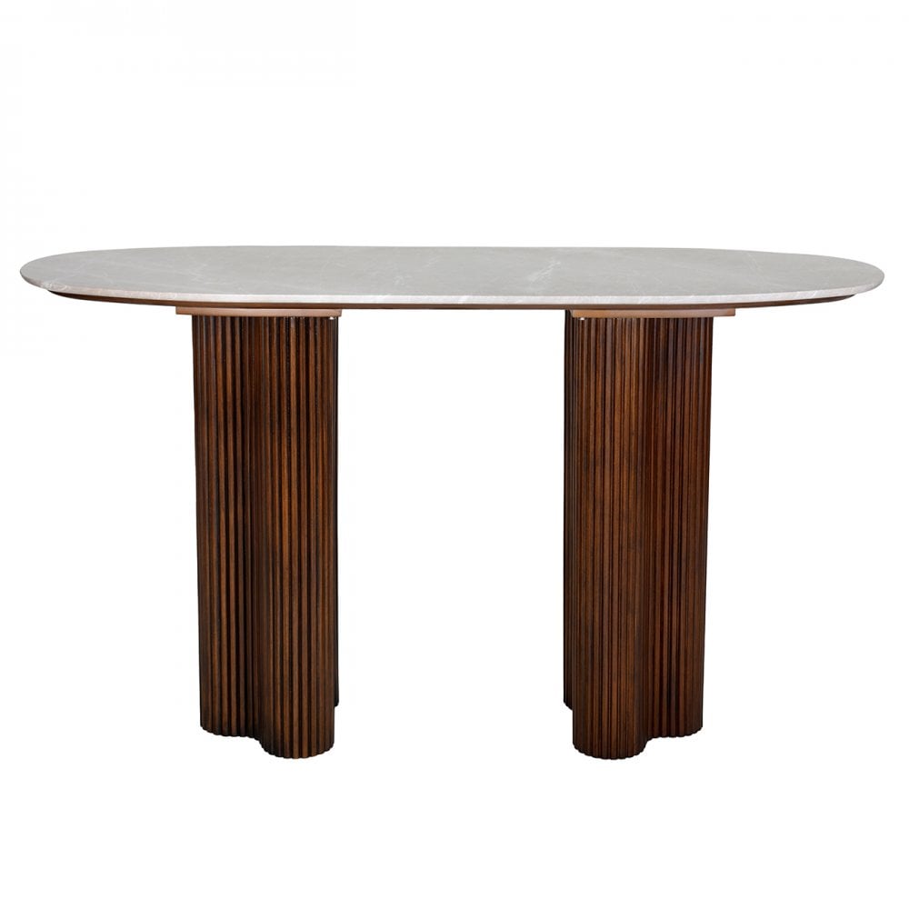 Dining table with marble top and wooden legs on a white background