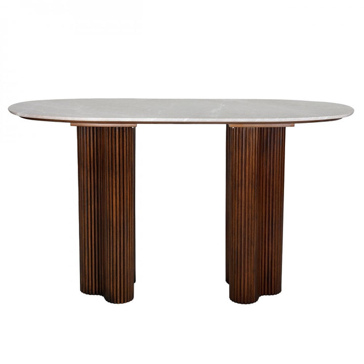 Dining table with marble top and wooden legs on a white background