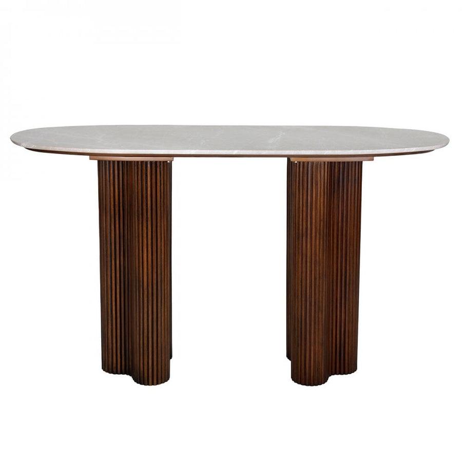 Dining table with marble top and wooden legs on a white background