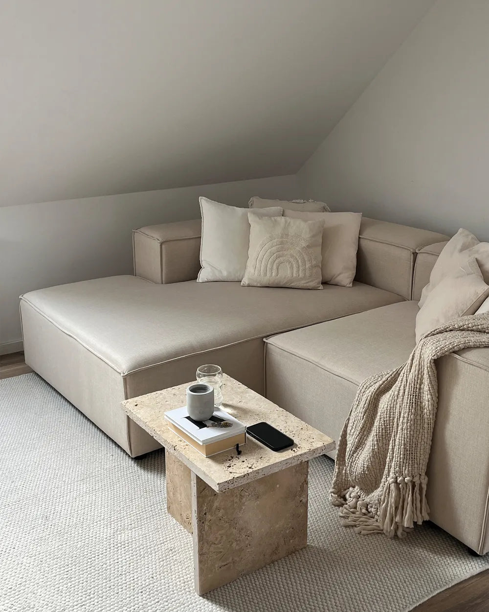 Modular Corner Sofa 2 Seater Faux Linen Beige Right Hand Travison