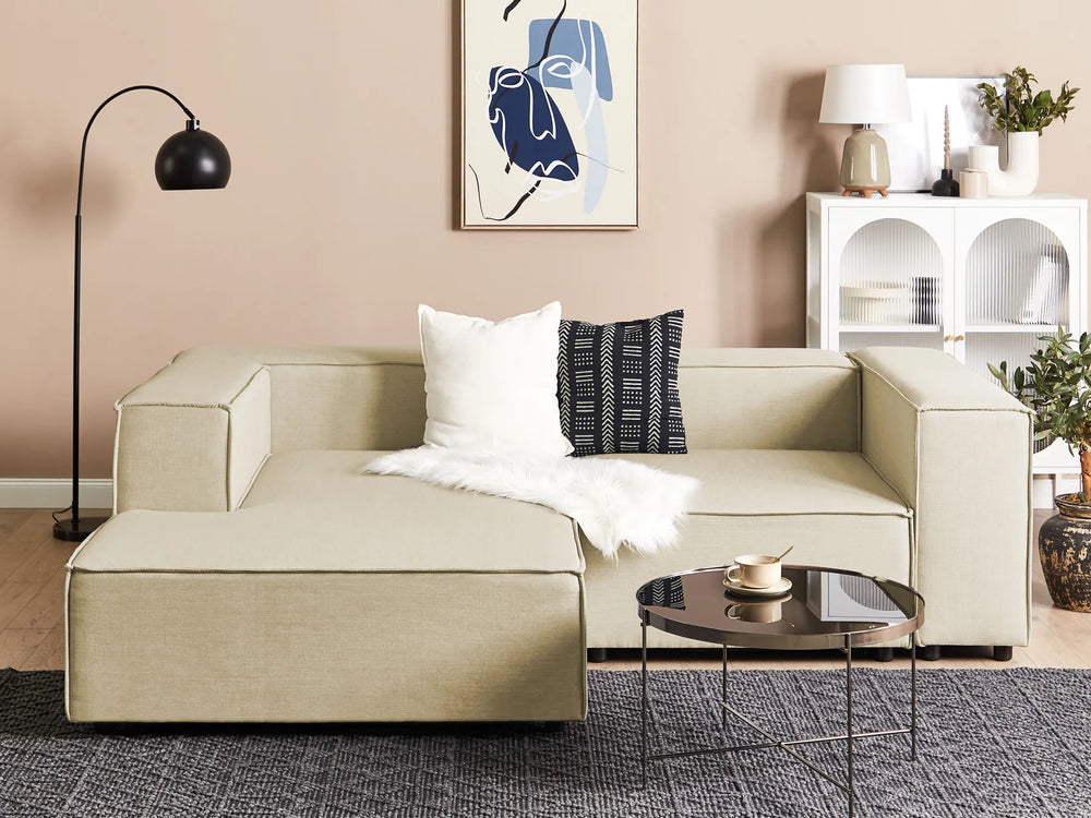 Right hand beige linen corner sofa compact modern design