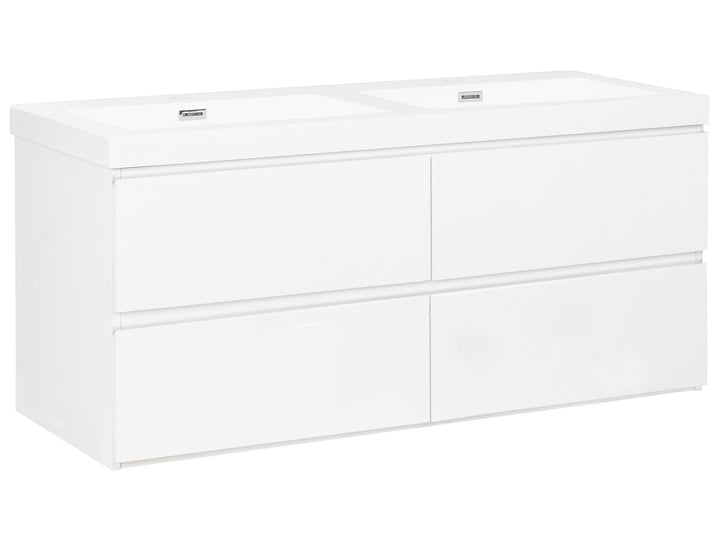 White storage unit with drawers on a white background