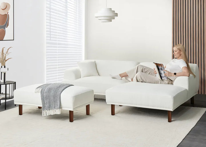 Corner Sofa 3 Seater Boucle White with Ottoman Left Hand Brekyn