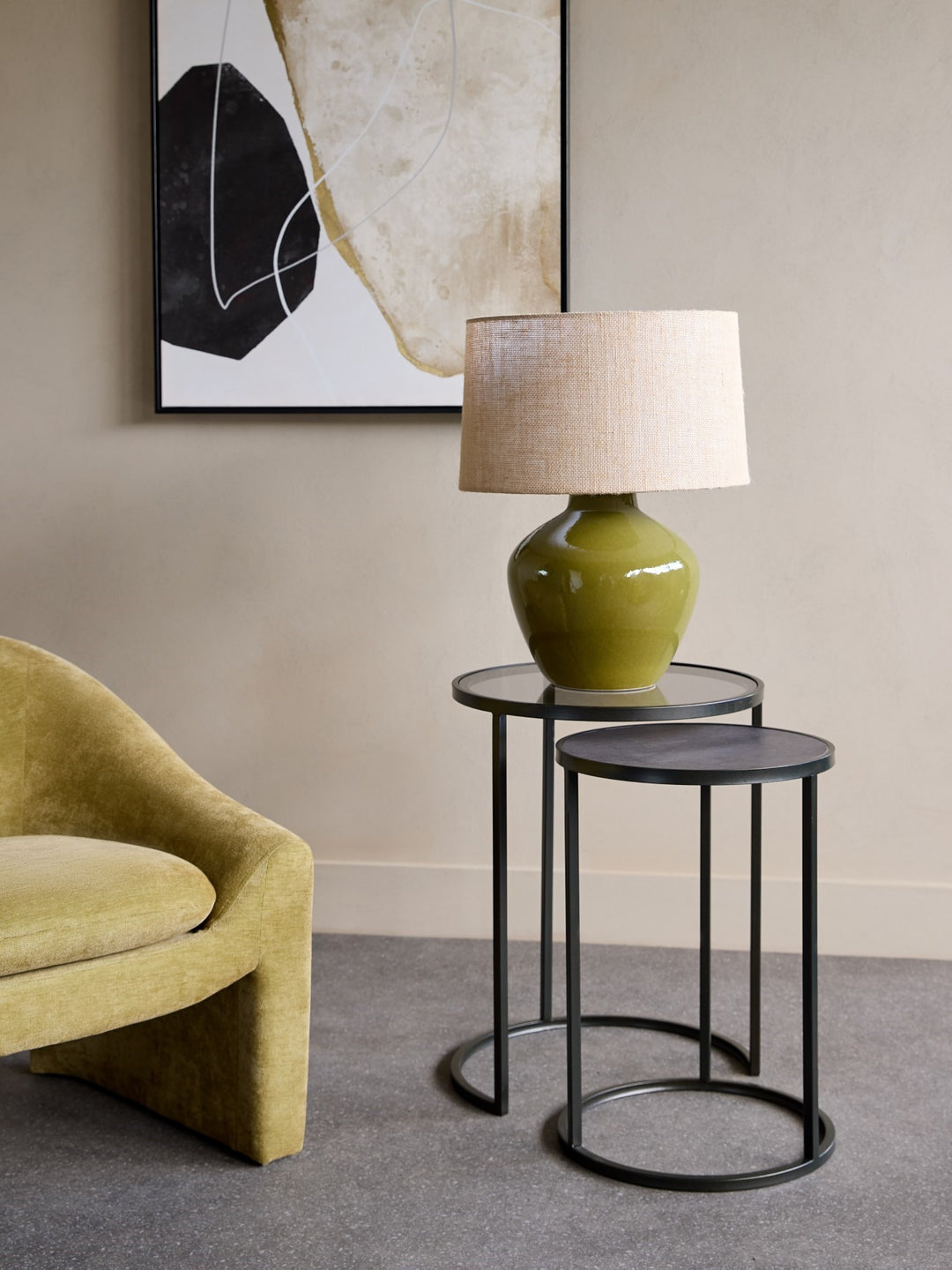 Modern nesting side tables set with tinted glass and slate effect top