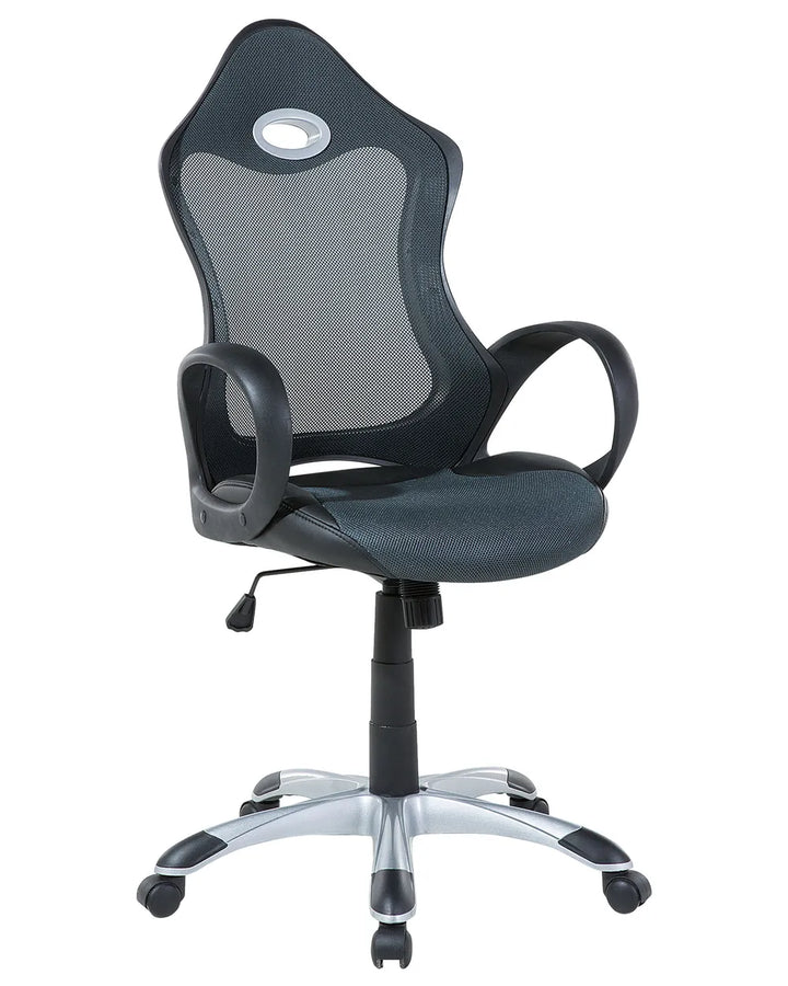 Black office chair with mesh backrest on a white background