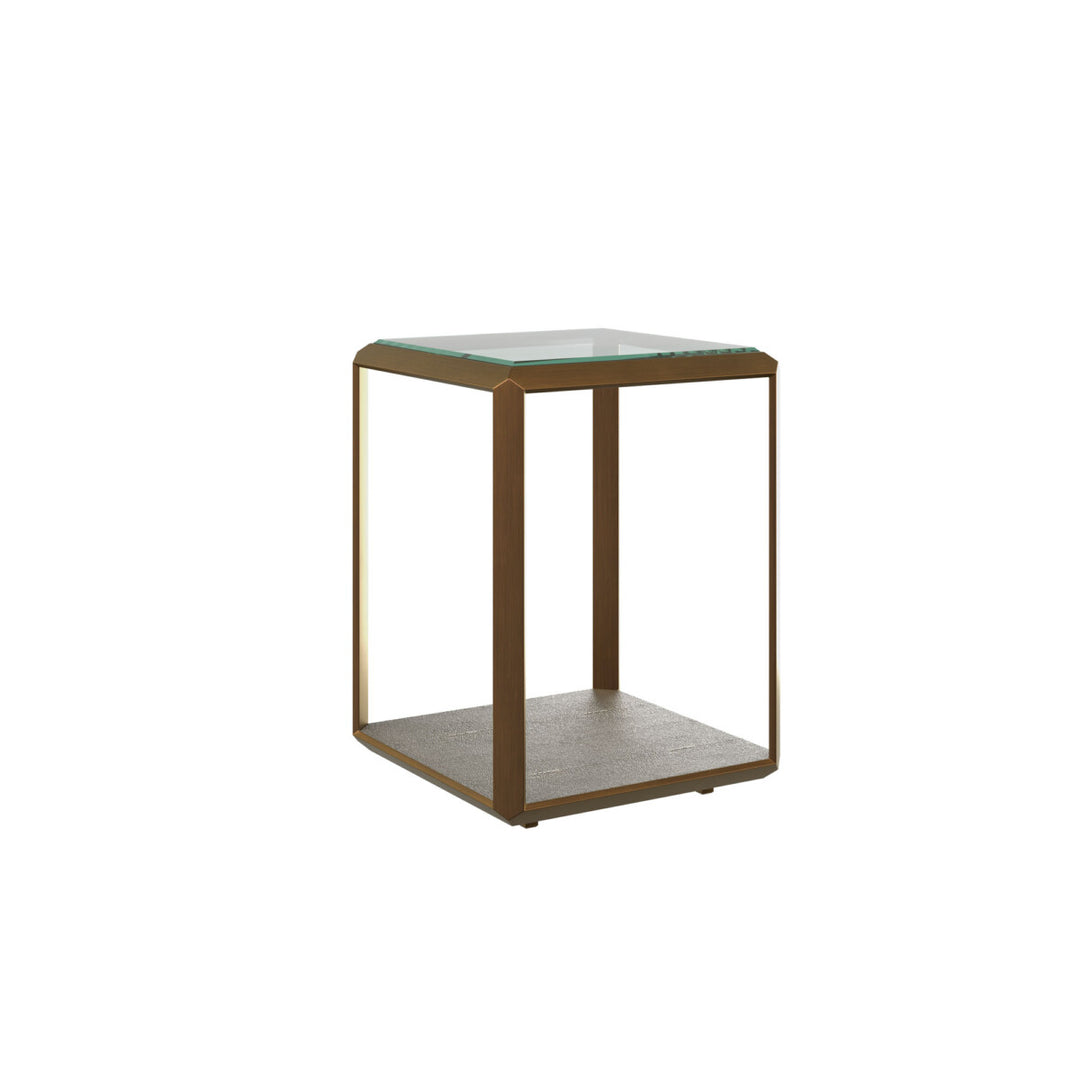 Small side table with glass top and wooden frame on a white background
