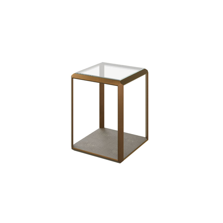 Small side table with glass top and metal frame on a white background