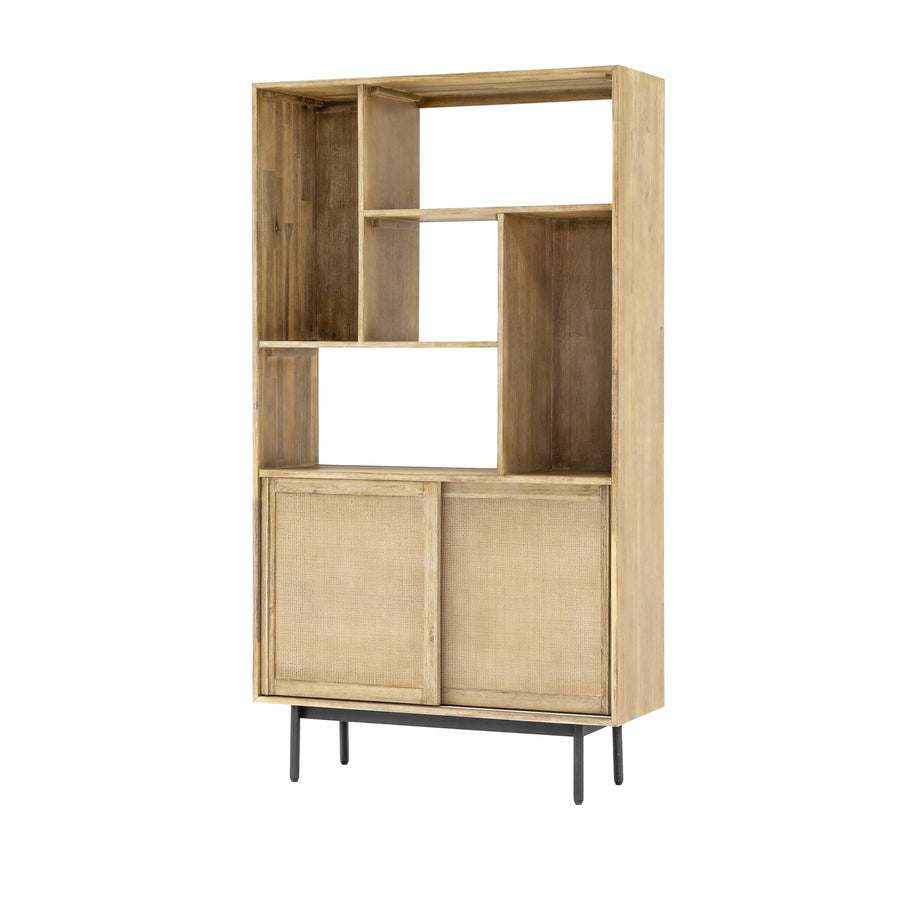 Maddox antiqued acacia wood bookcase with 2 sliding doors and shelves