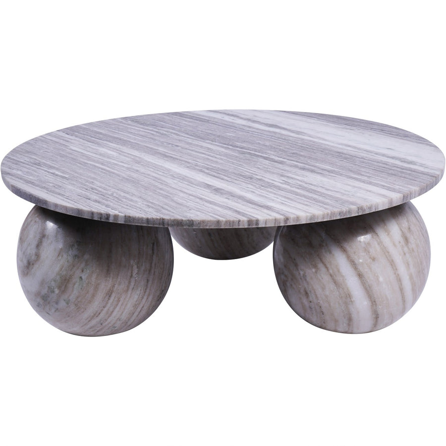 Marble coffee table with three spherical bases on a white background
