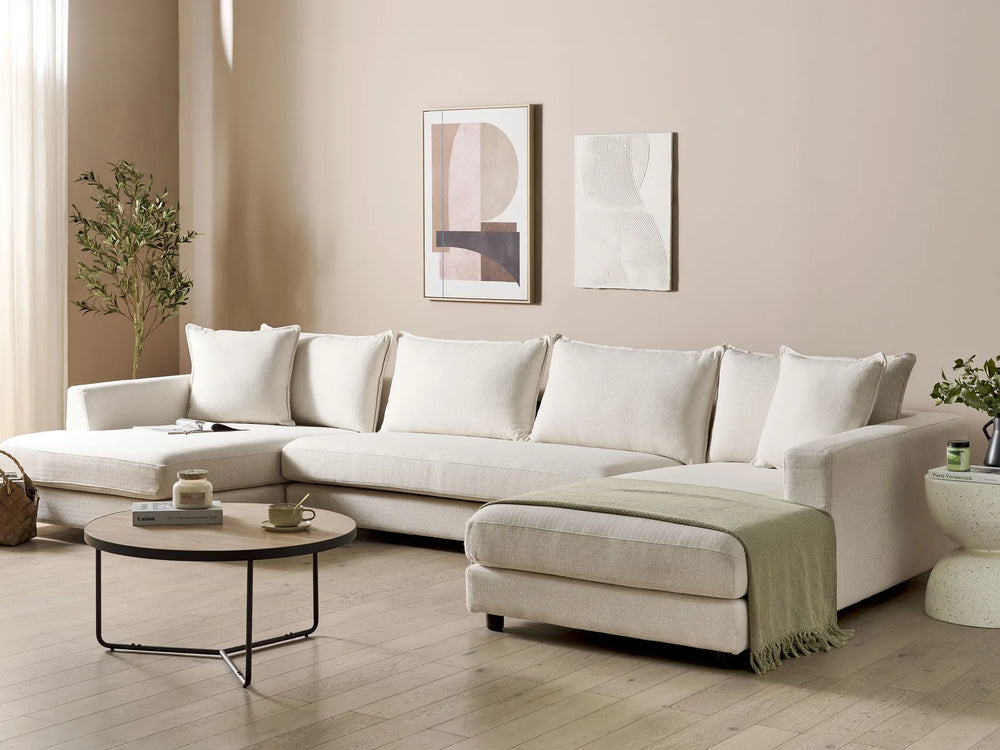 5 seater light beige fabric corner sofa for living room