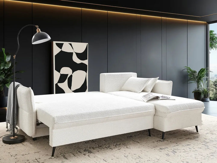 Corner Sofa Bed 3 Seater Boucle Off-White with Storage Left Hand Gloria