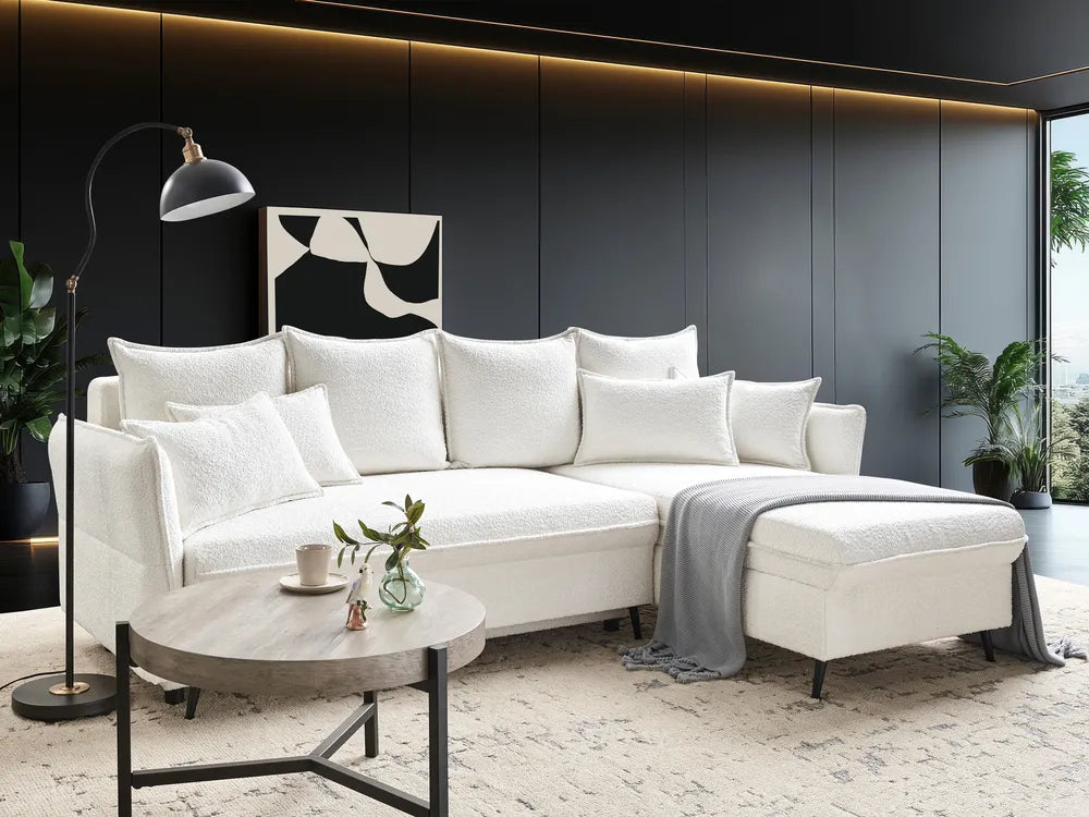 Corner Sofa Bed 3 Seater Boucle Off-White with Storage Left Hand Gloria