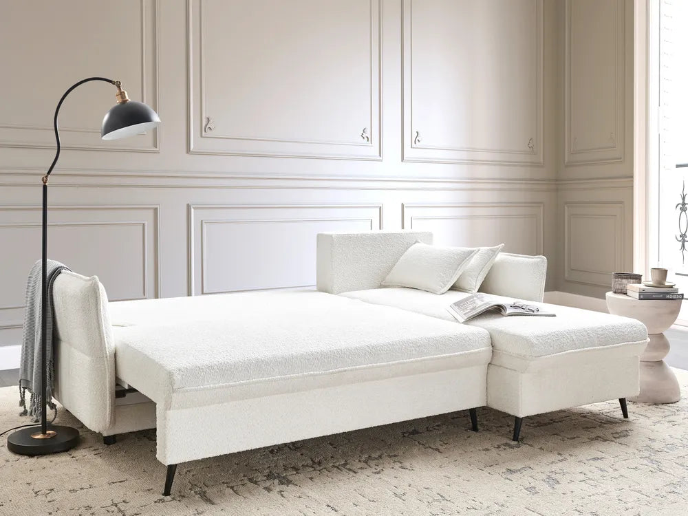 Corner Sofa Bed 3 Seater Boucle Off-White with Storage Left Hand Gloria