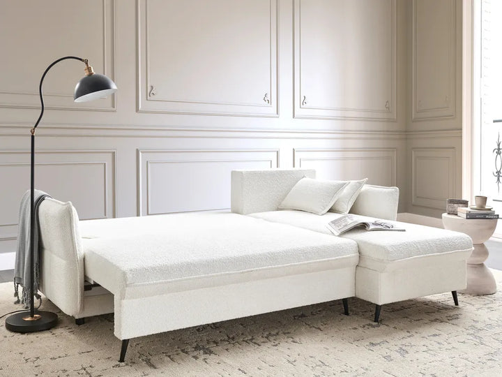 Corner Sofa Bed 3 Seater Boucle Off-White with Storage Left Hand Gloria
