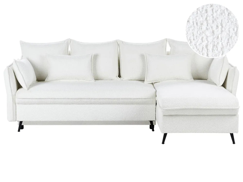 Corner Sofa Bed 3 Seater Boucle Off-White with Storage Left Hand Gloria