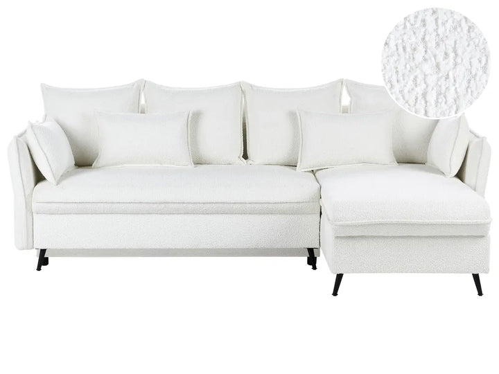 Corner Sofa Bed 3 Seater Boucle Off-White with Storage Left Hand Gloria