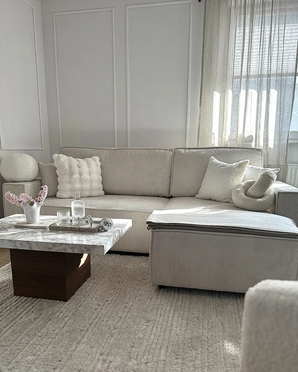 Corner Sofa Bed 3 Seater Corduroy Off-White Left Hand Middale
