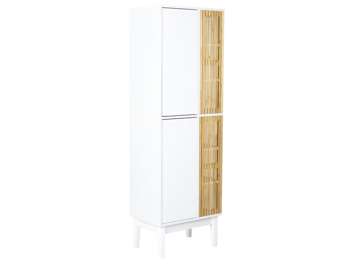 Tall white cabinet with wooden side panel on a white background