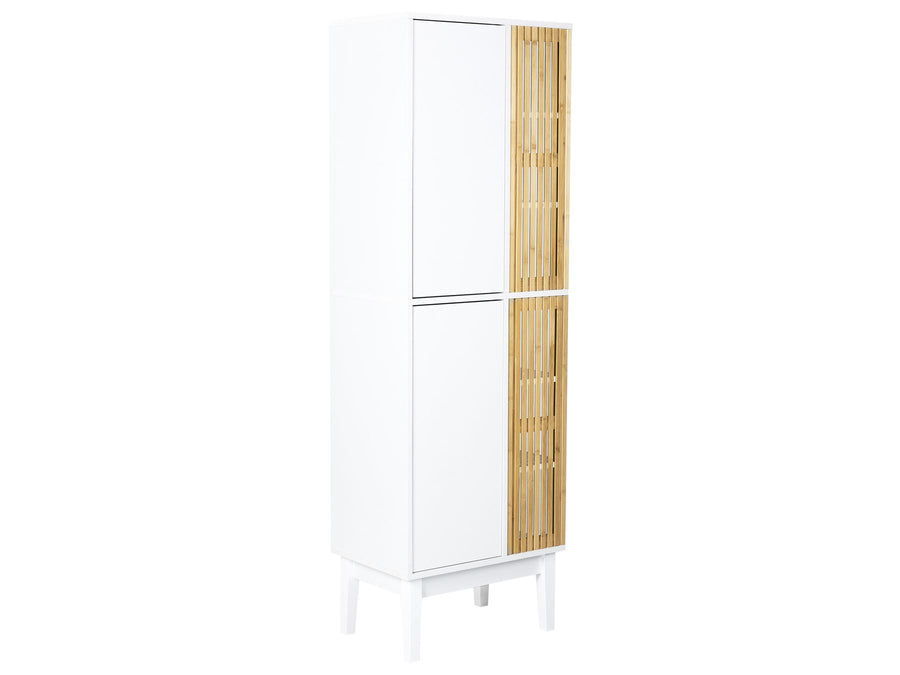 Tall white cabinet with wooden side panel on a white background